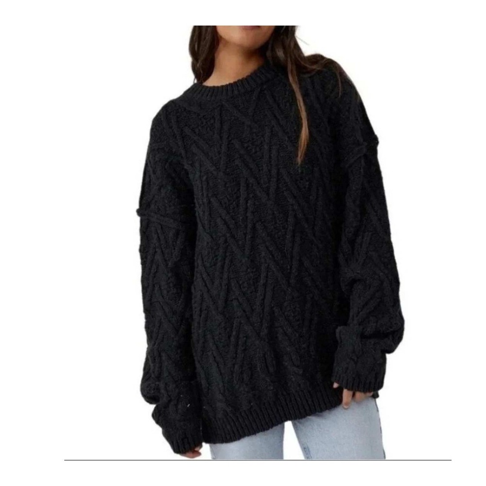 Free People Womens Isla Cable Stitch Tunic Black Sweater OB1505582 Size Large